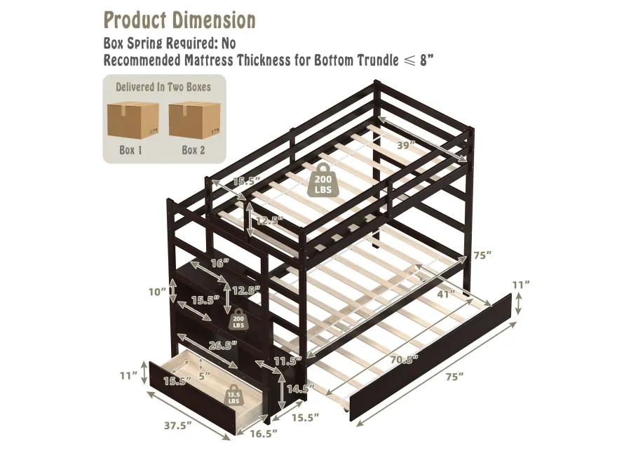 Twin Over Twin Bunk Bed with Storage Shelf and Drawer-Dark Brown