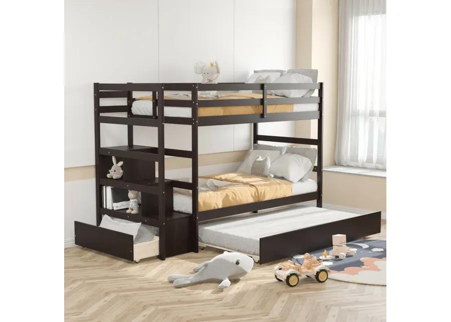 Twin Over Twin Bunk Bed with Storage Shelf and Drawer-Dark Brown