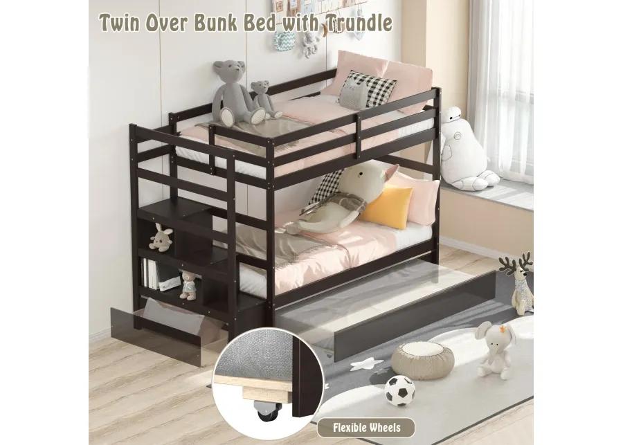 Twin Over Twin Bunk Bed with Storage Shelf and Drawer-Dark Brown