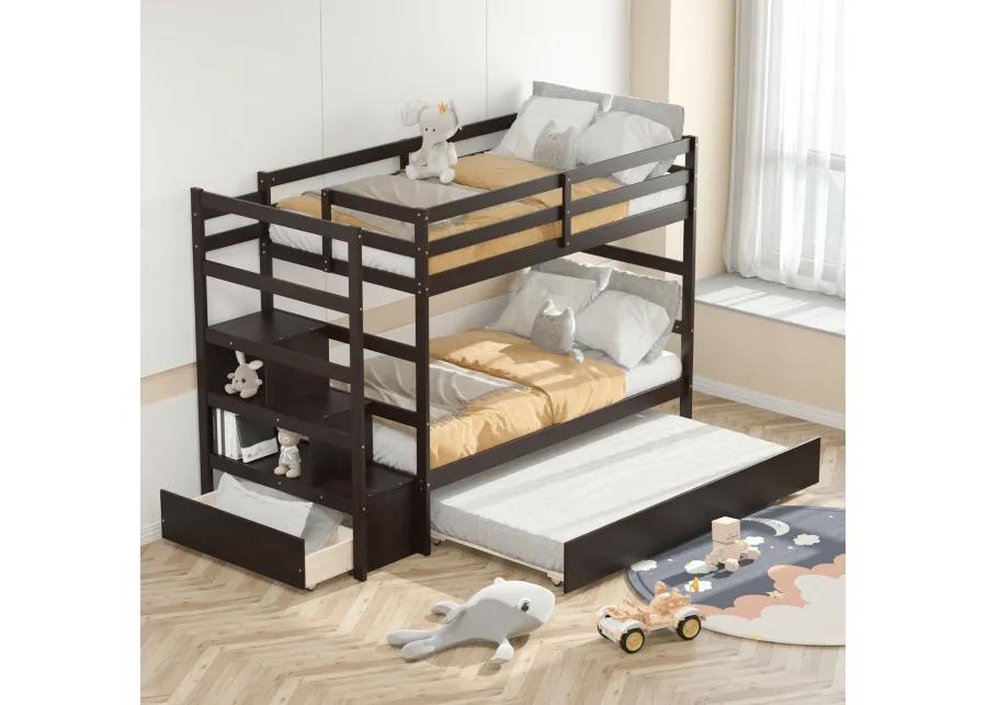 Twin Over Twin Bunk Bed with Storage Shelf and Drawer-Dark Brown