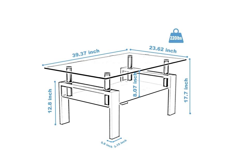 Hivvago Rectangular Double Layer Living Room Glass  Table with Metal Legs Glass