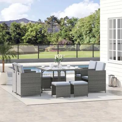 Grey Outdoor Dining: 9-Piece Rattan Wicker Set with Cushioned Chairs