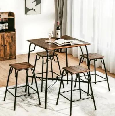 Hivvago 5 Pieces Bar Table Set with 4 Counter Height Backless Stools-Rustic Brown