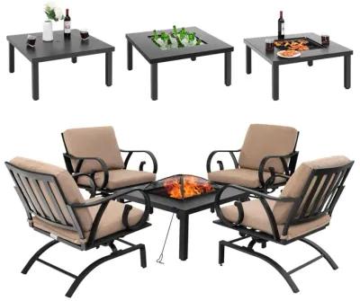 5 Pieces Patio Rocking Chairs and 4-in-1 Fire Pit Table with Fire Poker