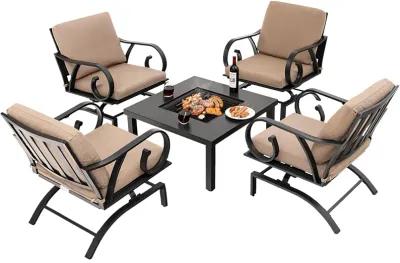 5 Pieces Patio Rocking Chairs and 4-in-1 Fire Pit Table with Fire Poker