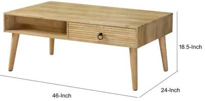 46 Inch Rectangular Coffee Table, Single Drawer, Open Shelf, Natural Brown-Benzara