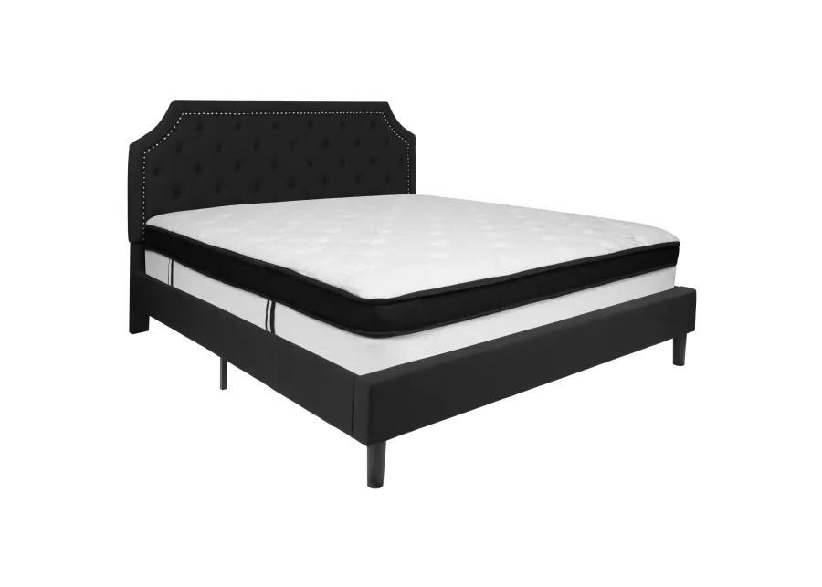 Brighton King Size Tufted Upholstered Platform Bed in Black Fabric with Memory Foam Mattress