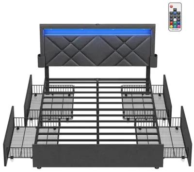 Full Size LED Bed Frame with Headboard and 4 Drawers USB Port and Type-C Port