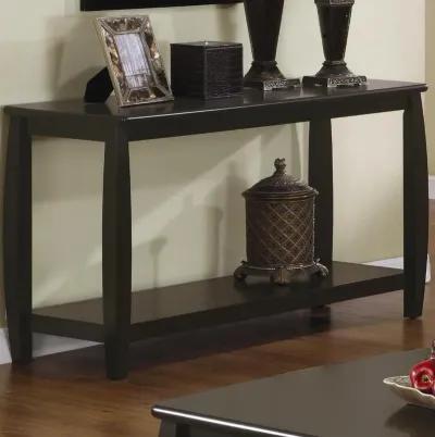 Contemporary Style Solid Wood Sofa Table With Slightly Rounded Shape, Dark Brown-Benzara