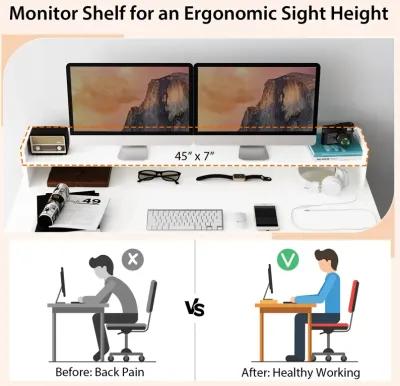 Office Computer Desk with Dual 3 Tier Bookshelf and Monitor Shelf-White