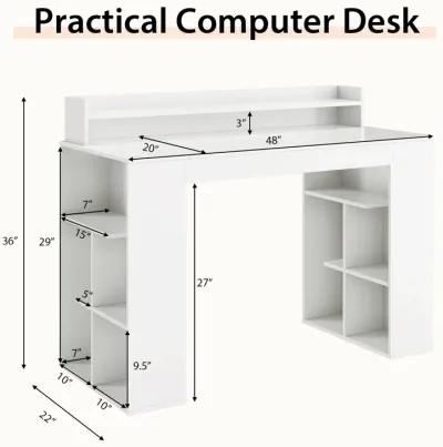 Office Computer Desk with Dual 3 Tier Bookshelf and Monitor Shelf-White