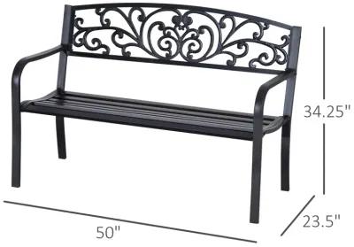 Ornate Outdoor Seating: 50" Black Metal Garden Bench with Floral Design