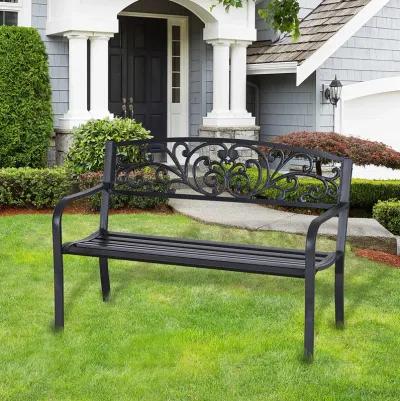 Ornate Outdoor Seating: 50" Black Metal Garden Bench with Floral Design