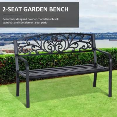 Ornate Outdoor Seating: 50" Black Metal Garden Bench with Floral Design