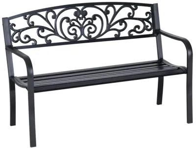 Ornate Outdoor Seating: 50" Black Metal Garden Bench with Floral Design