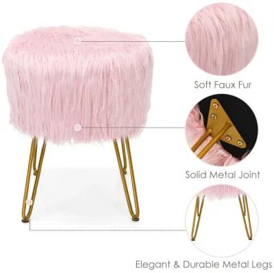 Faux Fur Vanity Stool Chair with Metal Legs for Bedroom and Living Room