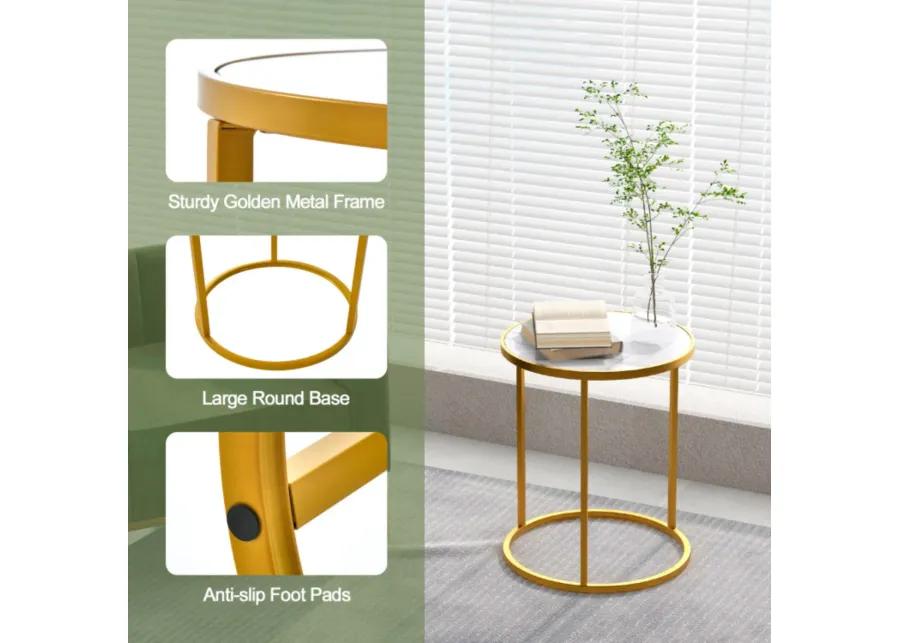 Hivvago 16 Inch Marble Top Round Side Table with Golden Metal Frame for Living Room Bedroom