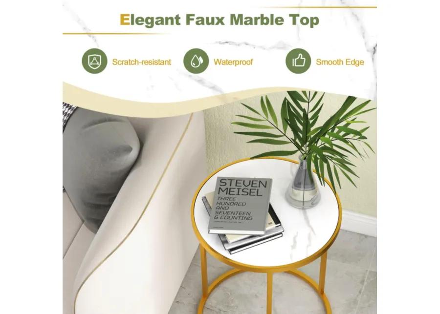 Hivvago 16 Inch Marble Top Round Side Table with Golden Metal Frame for Living Room Bedroom