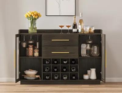 BELLEZE 55" Wine Cabinet, Sideboard Buffet with Wine Rack and Glass Holder, Home Coffee Bar Freestanding Liquor Cabinet with Display Glass Doors for Living Room, Dining Room - Marcel (Brown)