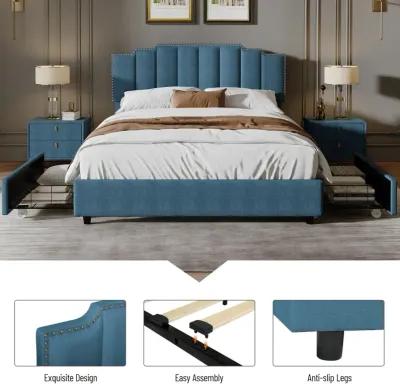 Queen Size Upholstered Platform Bed Linen Bed Frame With 2 Drawers Stitched Padded Headboard