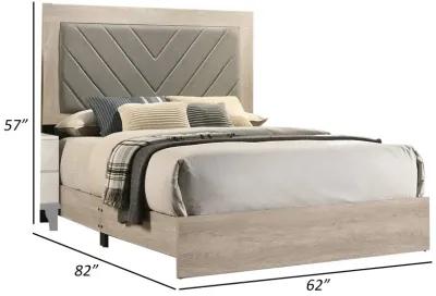 Cato Upholstered Queen Size Bed, Chevron Tufted Gray Headboard, Cream - Benzara