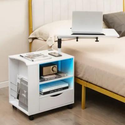 Hivvago Nightstand Bedside Table Swivel Laptop Tray with Charging Station and LED Lights