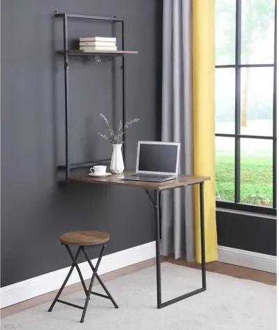 Riley Foldable Wall Desk with Stool Rustic Oak and Sandy Black