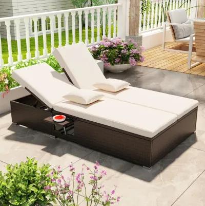 Patio Double Chaise Lounge with Cushions and Folding Side Trays-Beige