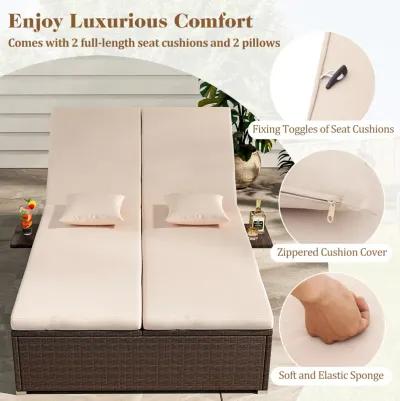 Patio Double Chaise Lounge with Cushions and Folding Side Trays-Beige