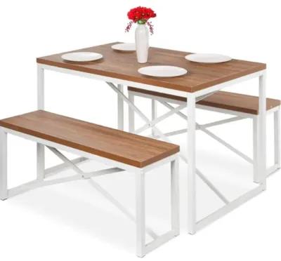 Modern 3 Piece Dining Set Wood Top White Metal Frame Table and 2 Bench Chairs