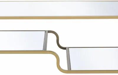 Metal Framed Mirror Coffee Table with Tiered Shelves, Gold and Mirror-Benzara