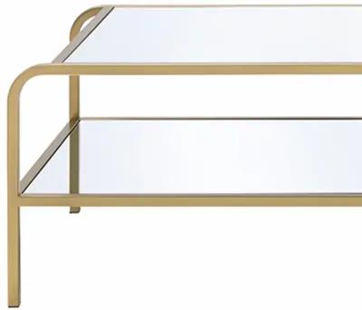 Metal Framed Mirror Coffee Table with Tiered Shelves, Gold and Mirror-Benzara