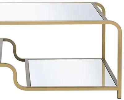 Metal Framed Mirror Coffee Table with Tiered Shelves, Gold and Mirror-Benzara