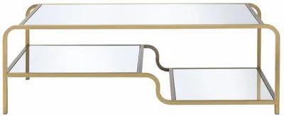 Metal Framed Mirror Coffee Table with Tiered Shelves, Gold and Mirror-Benzara