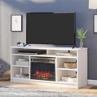 REALROOMS Hickory Hill 55" TV Stand with Electric Fireplace Space Heater and 6 Shelves