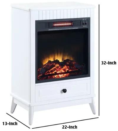 Etu 32 Inch Wood End Table with LED Electric Fireplace, 1 Drawer, White-Benzara