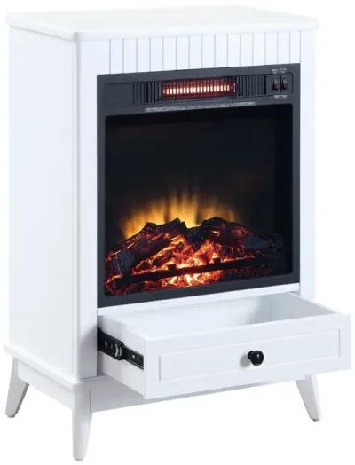 Etu 32 Inch Wood End Table with LED Electric Fireplace, 1 Drawer, White-Benzara