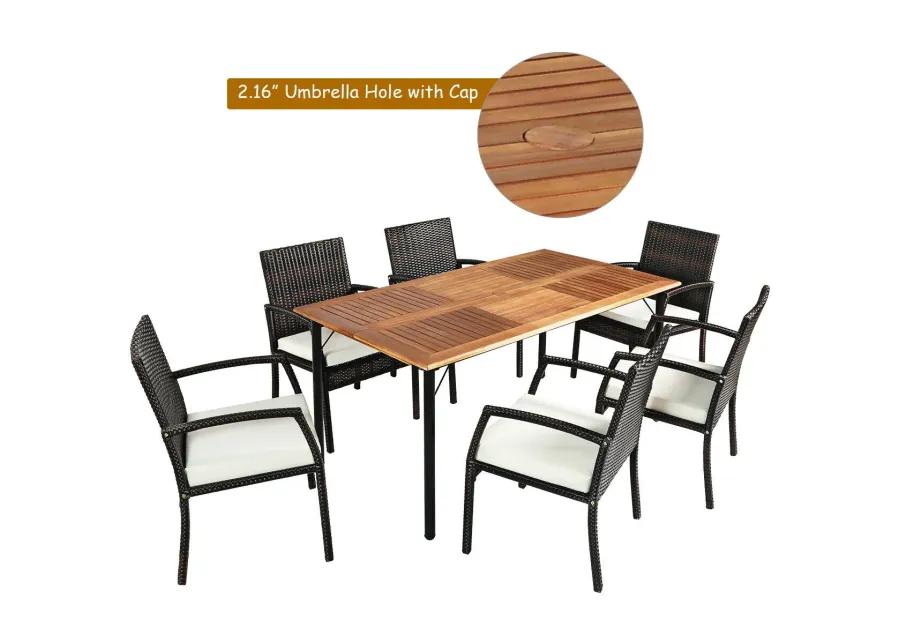 7Pcs Patio Rattan Cushioned Dining Set with Umbrella Hole