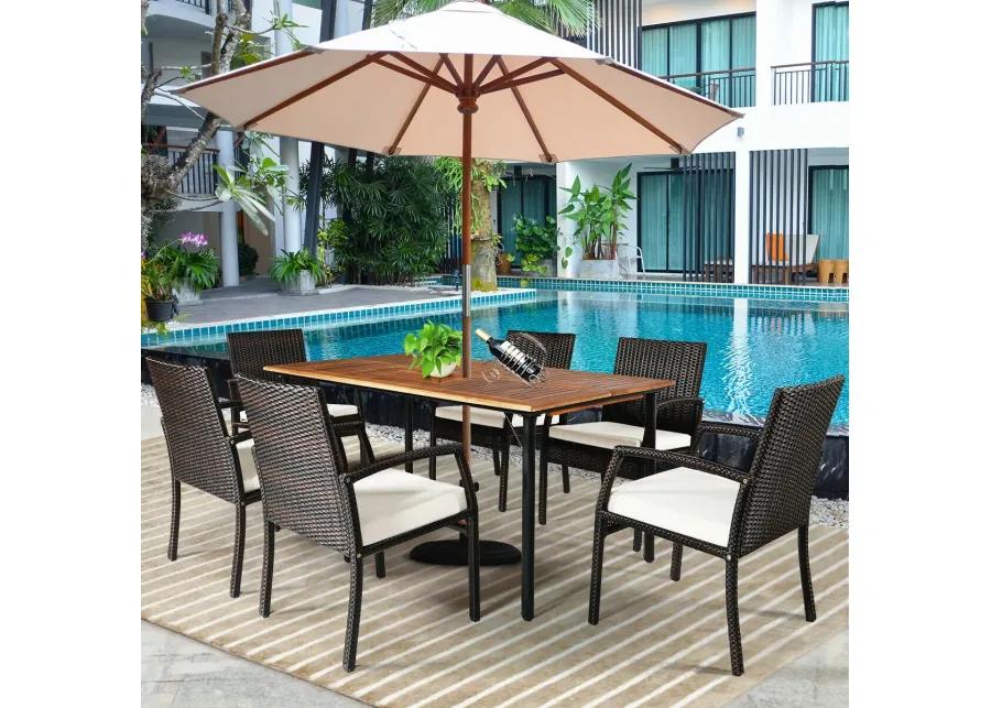 7Pcs Patio Rattan Cushioned Dining Set with Umbrella Hole