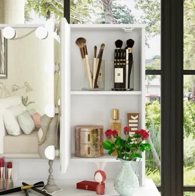 White Modern Makeup Vanity Desk 9 Drawers Wood Dressing Table With 3 Mirrors, Hidden Storage Shelves, LED Bulb Lights