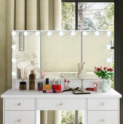 White Modern Makeup Vanity Desk 9 Drawers Wood Dressing Table With 3 Mirrors, Hidden Storage Shelves, LED Bulb Lights