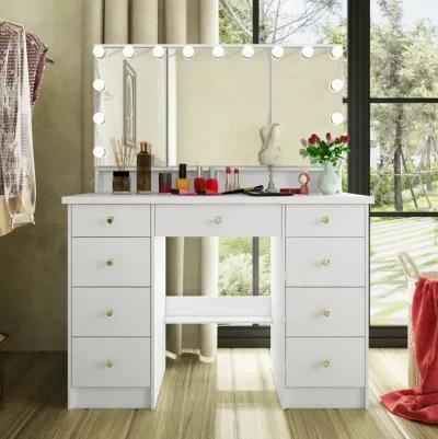 White Modern Makeup Vanity Desk 9 Drawers Wood Dressing Table With 3 Mirrors, Hidden Storage Shelves, LED Bulb Lights