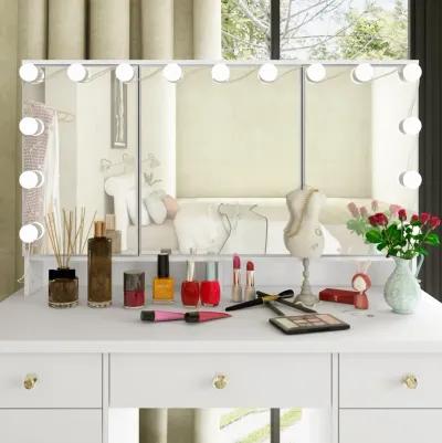 White Modern Makeup Vanity Desk 9 Drawers Wood Dressing Table With 3 Mirrors, Hidden Storage Shelves, LED Bulb Lights