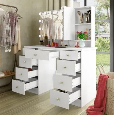 White Modern Makeup Vanity Desk 9 Drawers Wood Dressing Table With 3 Mirrors, Hidden Storage Shelves, LED Bulb Lights