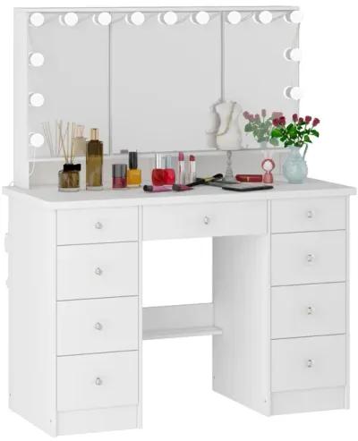 White Modern Makeup Vanity Desk 9 Drawers Wood Dressing Table With 3 Mirrors, Hidden Storage Shelves, LED Bulb Lights