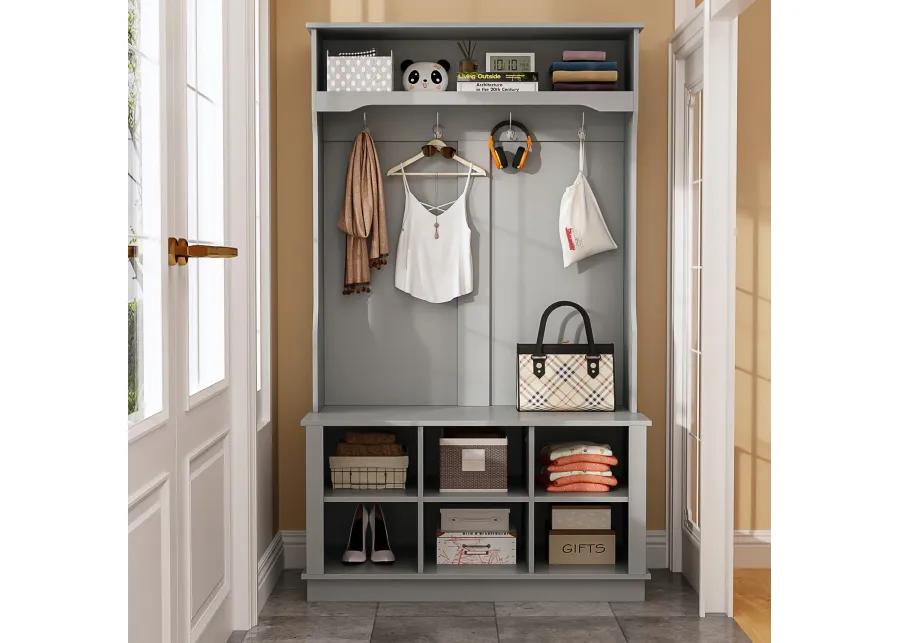 Black Painted Hall Tree with Shoe Bench, Hanging Hooks, and Storage Cubbies, Entryway