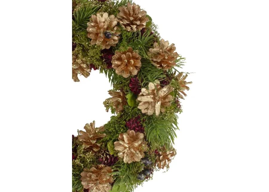 12" Green  Gold  and Red Glitter Pinecones Christmas Wreath