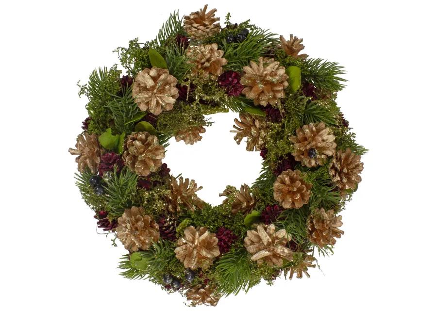 12" Green  Gold  and Red Glitter Pinecones Christmas Wreath