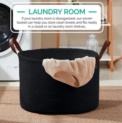 Extra Large Round Cotton Rope Storage Basket Laundry Hamper with Leather Handles