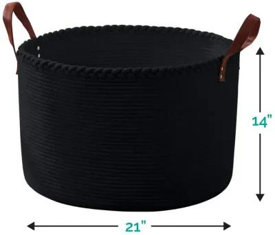 Extra Large Round Cotton Rope Storage Basket Laundry Hamper with Leather Handles